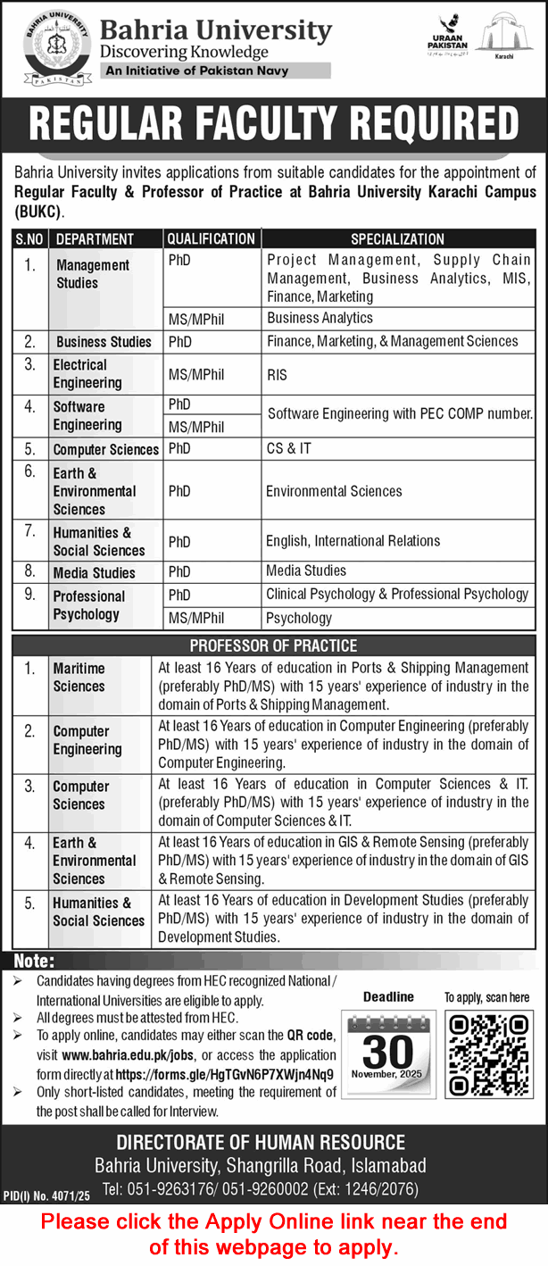 Bahria University Karachi Jobs November 2025 Apply Online Teaching Faculty BKUC Latest