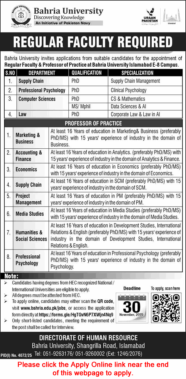 Bahria University Islamabad Jobs November 2025 Apply Online Teaching Faculty Latest