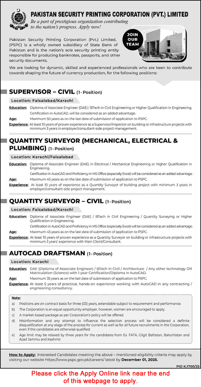 Pakistan Security Printing Corporation Jobs November 2025 Apply Online Quantity Surveyor, Civil Supervisor & Auto CAD Draftsman Latest