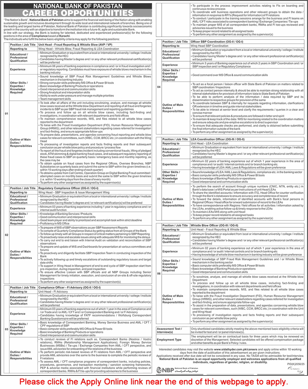 National Bank of Pakistan Jobs December 2025 Apply Online Compliance Officer & Others NBP Latest