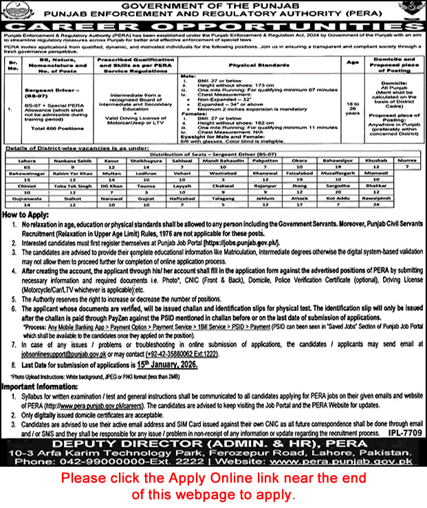 Sergeant Driver Jobs in Punjab Enforcement and Regulatory Authority 2025 December PERA Apply Online Latest