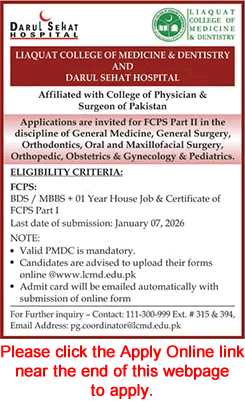 Darul Sehat Hospital Karachi FCPS Postgraduate Training December 2025 Apply Online Liaquat College of Medicine & Dentistry Latest