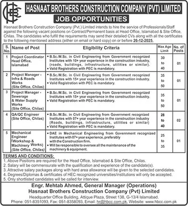 Hasnaat Brothers Construction Company Islamabad Jobs 2025 December Project Managers & Others Latest