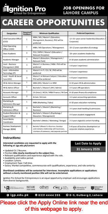Ignition Pro Lahore Campus Jobs 2026 Apply Online Academic Manager, Accounts Officer & Others Latest