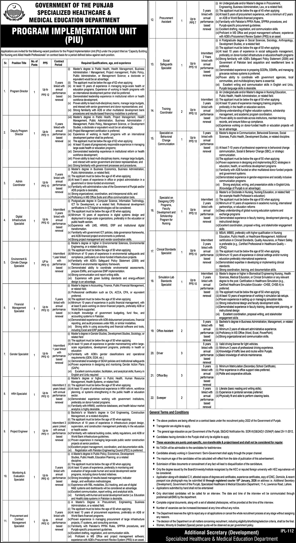 Specialized Healthcare and Medical Education Department Punjab Jobs 2026 Office Assistants, Drivers & Others Latest
