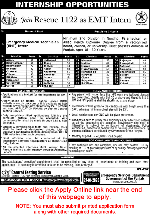 Emergency Medical Technician Intern Jobs in Punjab Emergency Service Rescue 1122 2026 CTS Online Apply Latest