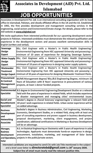 Associates in Development Pvt Ltd Islamabad Jobs 2026 Environmental Specialist & Others AiD Latest