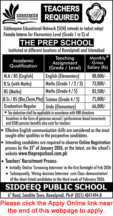 Female Teacher Jobs in The Prep Schools Rawalpindi / Islamabad 2026 Siddeeq Public School Apply Online Latest