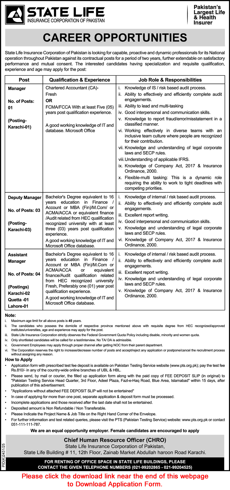 State Life Insurance Corporation of Pakistan Jobs 2026 PTS Application Form SLIC Assistant / Deputy Managers Latest