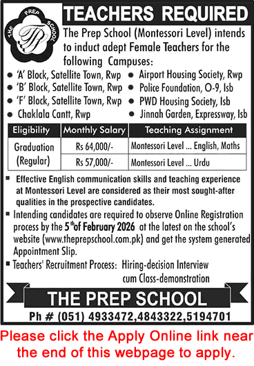 Female Teacher Jobs in The Prep Schools Rawalpindi / Islamabad 2026 Apply Online Latest
