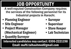 Construction Company Jobs in Karachi 2026 Civil Engineers, Surveyor, Supervisor & Others Latest
