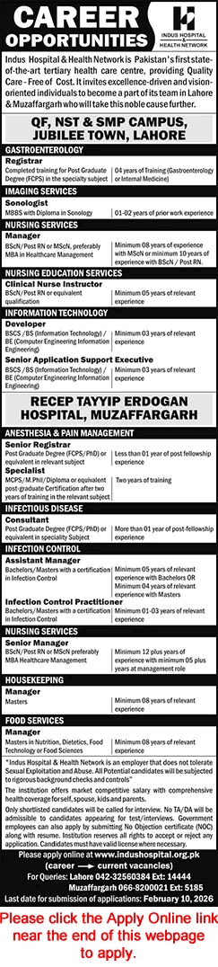 Indus Hospital Lahore / Muzaffargarh Jobs February 2026 Apply Online Nursing Manager / Instructor & Others Latest