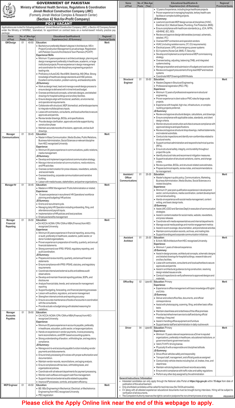 Jinnah Medical Construction Company Islamabad Jobs 2026 February Apply Online JMC MNHSR&C Latest