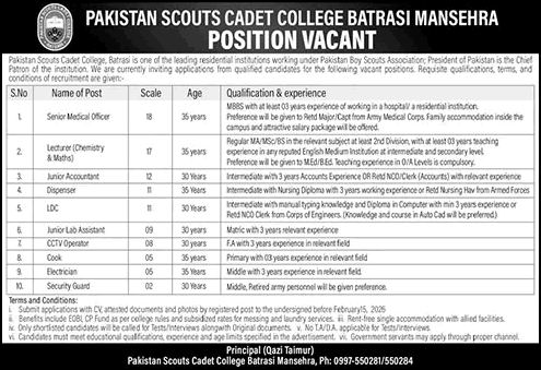 Pakistan Scouts Cadet College Batrasi Mansehra Jobs 2026 February Clerks, Lecturer, Security Guards & Others Latest