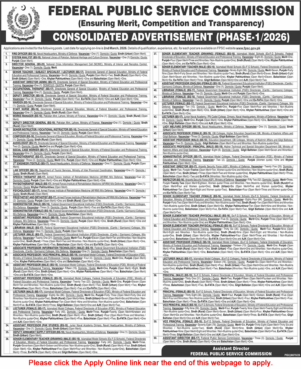 FPSC Jobs 2026 February Apply Online Consolidated Advertisement No 01/2026 1/2026 Latest