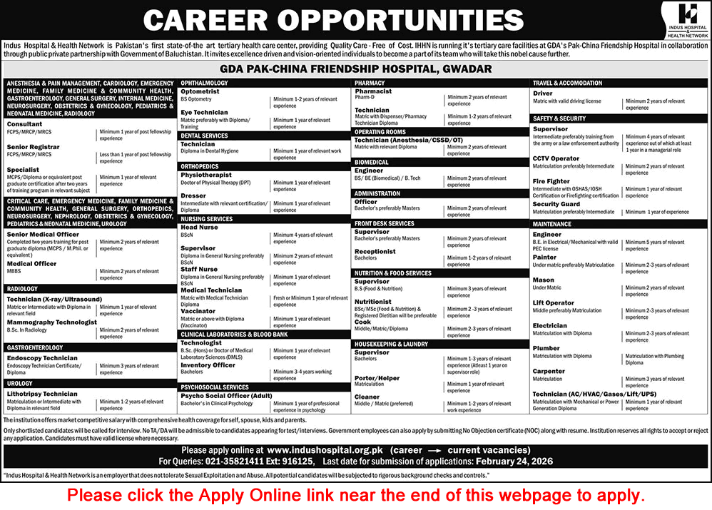 Indus Hospital Gwadar Jobs 2026 February Online Apply GDA Pak China Friendship Hospital Latest
