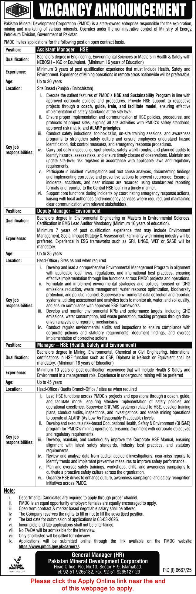 Pakistan Mineral Development Corporation Jobs 2026 February Apply Online Assistant Manager & Others PMDC Latest