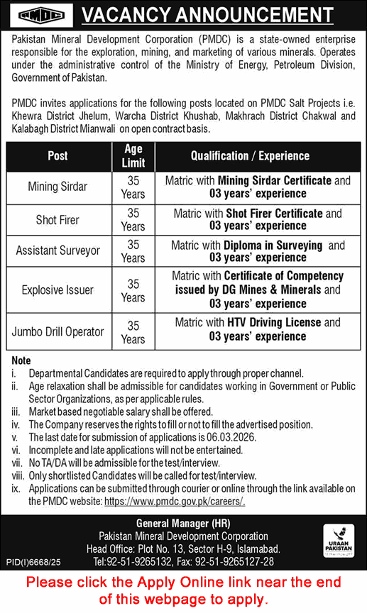Pakistan Mineral Development Corporation Jobs 2026 February Apply Online Assistant Surveyor & Others Latest