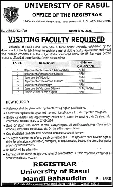 University of Rasul Mandi Bahauddin Jobs February 2026 Teaching / Visiting Faculty Latest