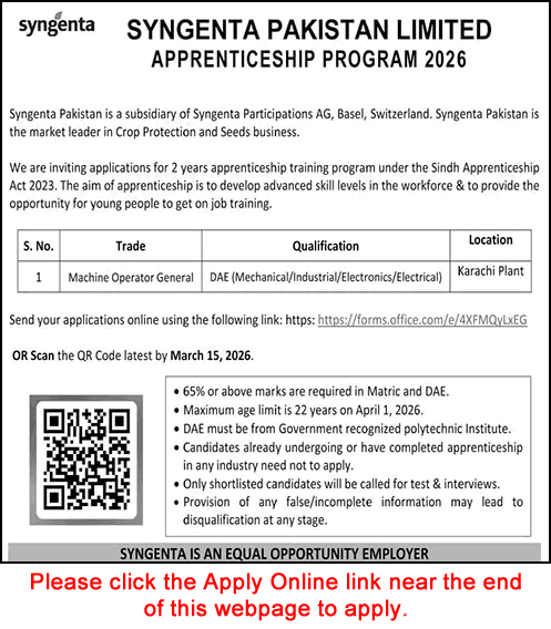 Syngenta Pakistan Limited Apprenticeship Program 2026 March Apply Online Latest