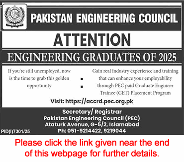 PEC Graduate Engineer Trainee Placement Program 2026 March Apply Online Pakistan Engineering Council Latest