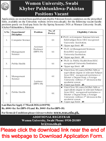 Women University Swabi Jobs 2026 March Application Form Teaching Faculty Latest