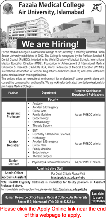 Fazaia Medical College Air University Islamabad Jobs March 2026 Apply Online Teaching Faculty & Others Air University Latest