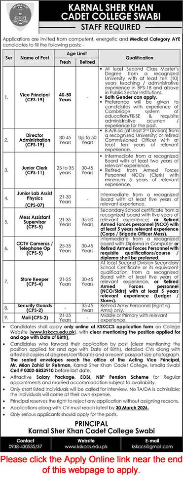 Karnal Sher Khan Cadet College Swabi Jobs 2026 March Apply Online Clerk, Lab Assistant, Store Keeper & Others Latest