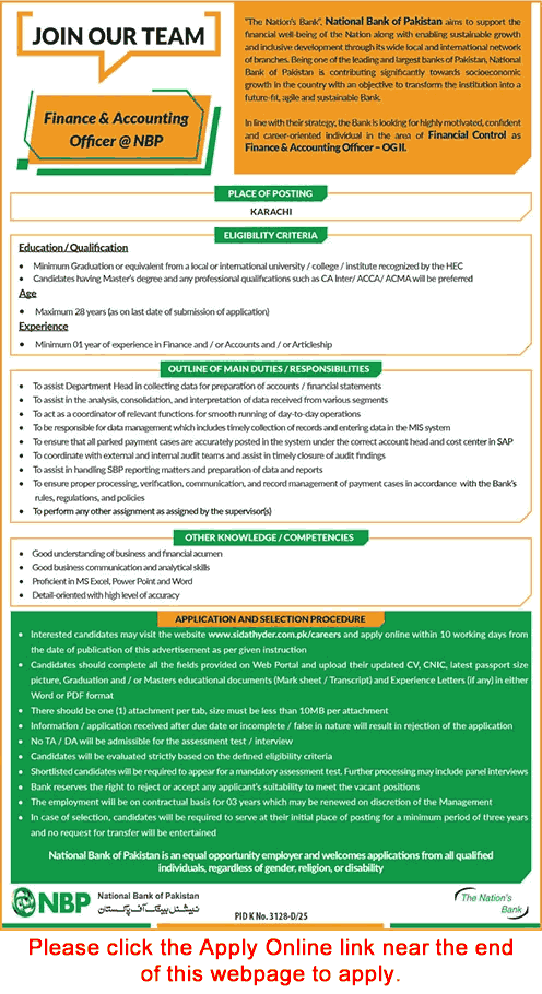 Finance & Accounting Officer Jobs in National Bank of Pakistan March 2026 April Apply Online NBP Latest