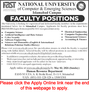 FAST University Islamabad Jobs April 2026 Apply Online Teaching Faculty Latest