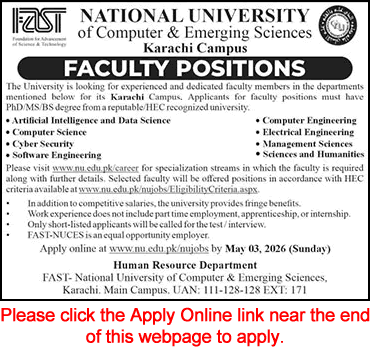 FAST University Karachi Jobs April 2026 Apply Online Teaching Faculty Latest