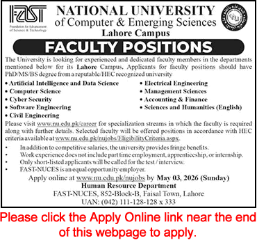 FAST University Lahore Jobs April 2026 Apply Online Teaching Faculty Latest