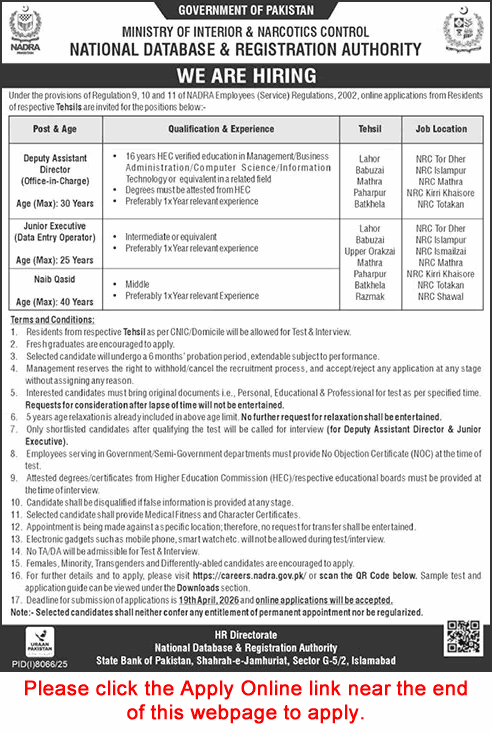 NADRA KPK Jobs April 2026 Apply Online Deputy Assistant Directors, Junior Executives & Naib Qasid Latest