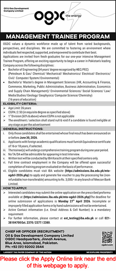 OGDCL Management Trainee Program April 2026 Apply Online MTO Jobs Latest