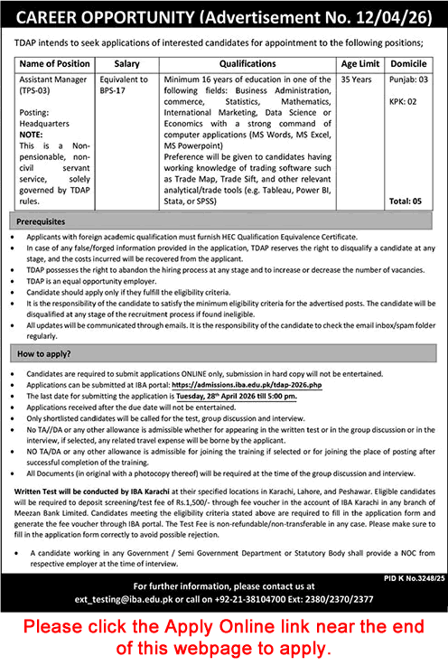 Assistant Manager Jobs in Trade Development Authority of Pakistan 2026 April Apply Online TDAP Latest
