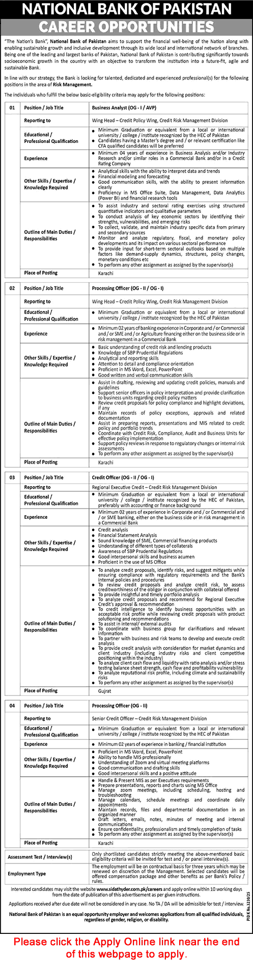 National Bank of Pakistan Jobs April 2026 Apply Online Processing / Credit Officers & Business Analyst Latest