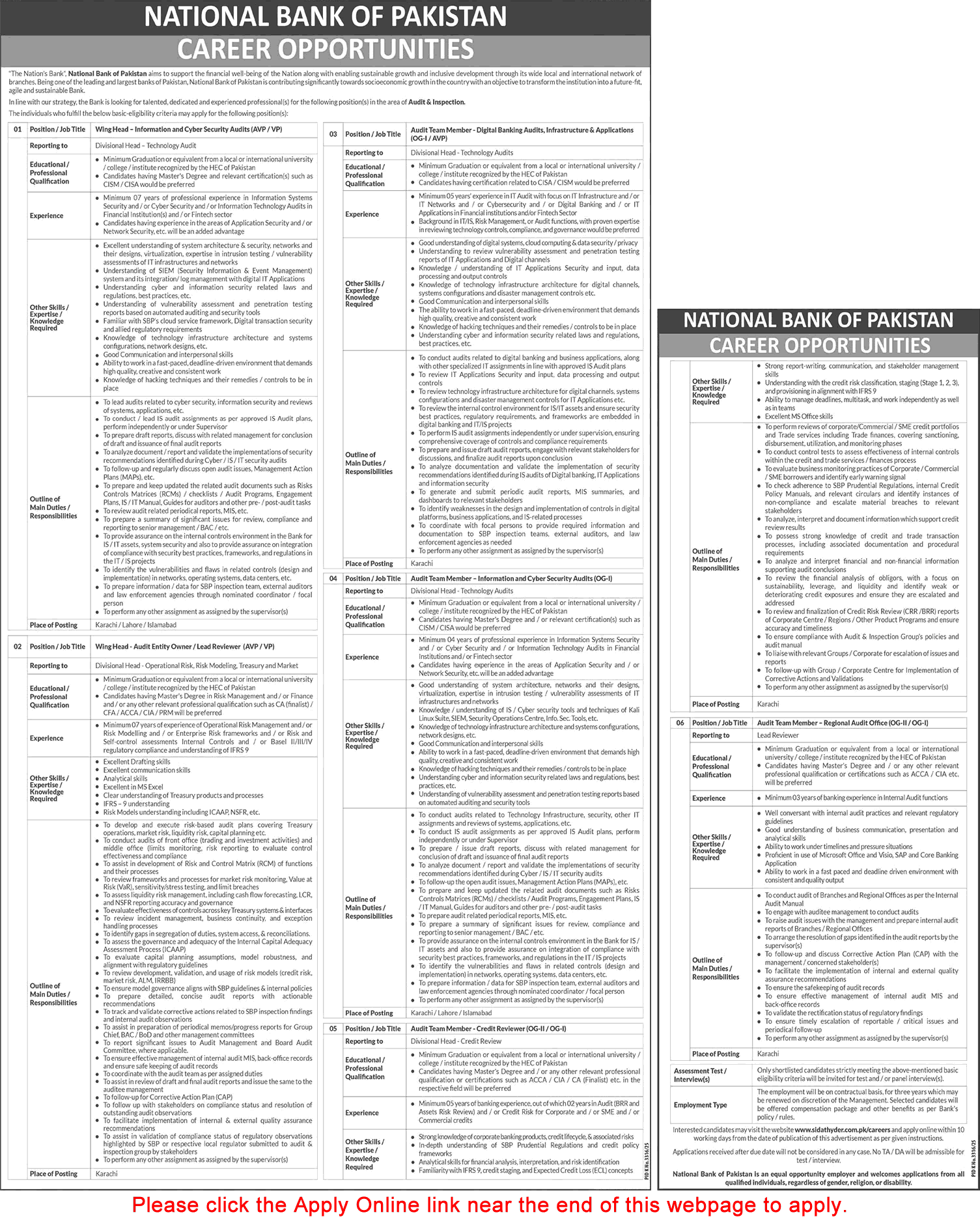 National Bank of Pakistan Jobs April 2026 Apply Online Audit Team Members & Wing Head NBP Latest