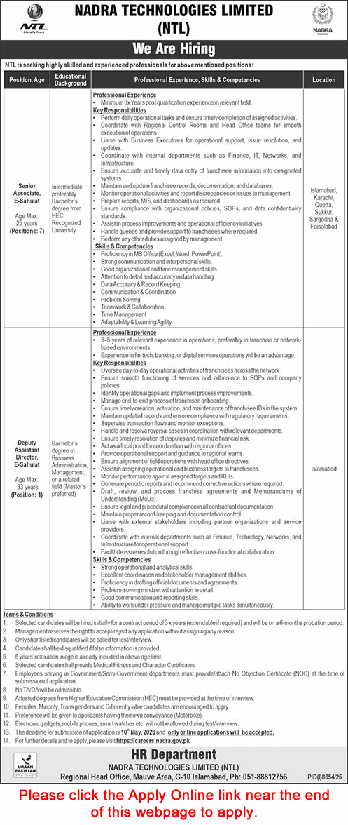 NADRA Technologies Limited Jobs April 2026 May Apply Online Senior Associate & Assistant Director Latest