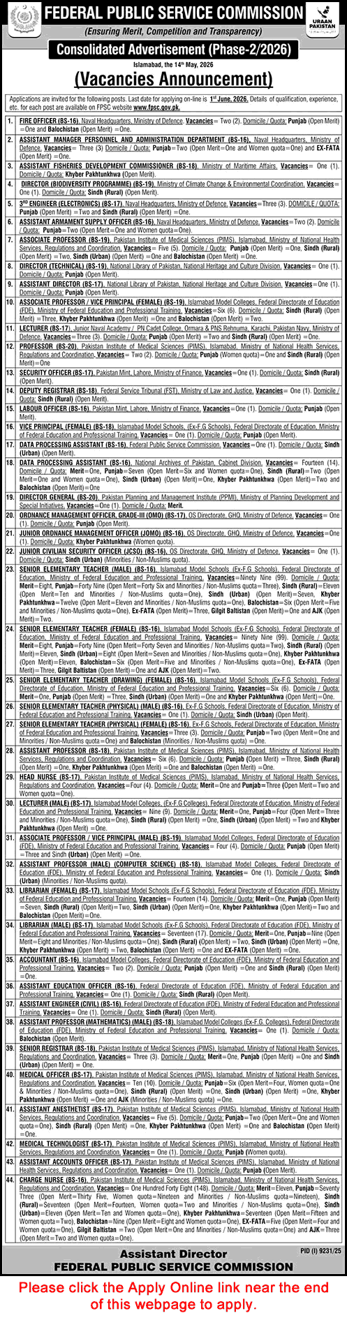 FPSC Jobs May 2026 Apply Online Consolidated Advertisement No 02/2026 2/2026 Latest