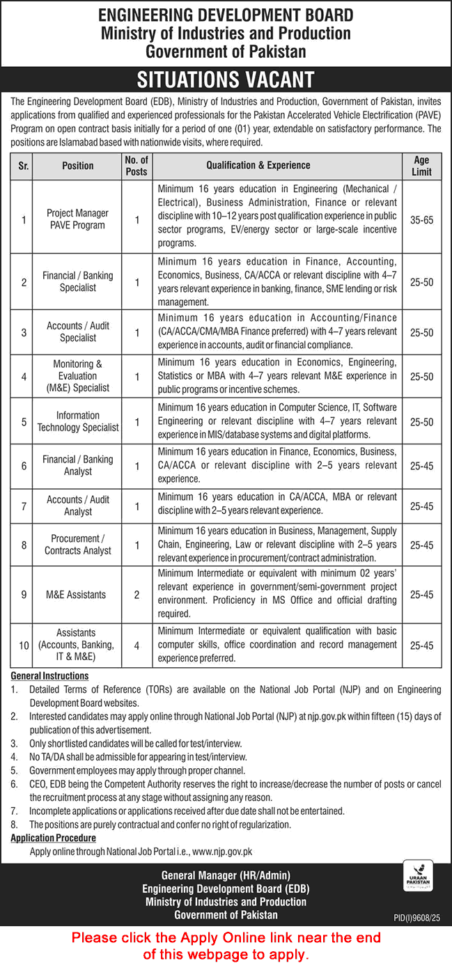 Engineering Development Board Islamabad Jobs 2026 May / June Apply Online Assistants & Others EDB Latest