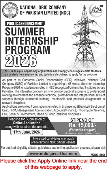 National Grid Company of Pakistan Summer Internship Program 2026 June Apply Online NGC NTDC Latest