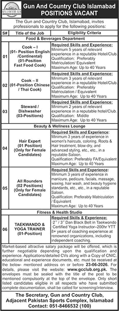 Gun and Country Club Islamabad Jobs June 2026 Gym / Pool Instructors, Store Keeper, Receptionist & Others Latest