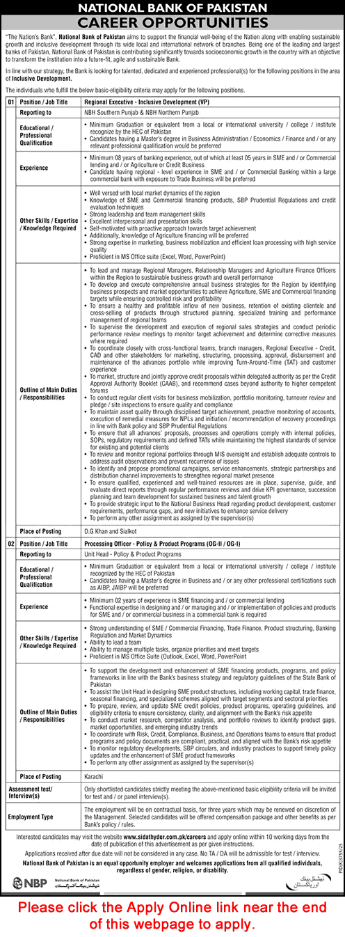 National Bank of Pakistan Jobs June 2026 Apply Online Regional Executive & Processing Officer NBP Latest