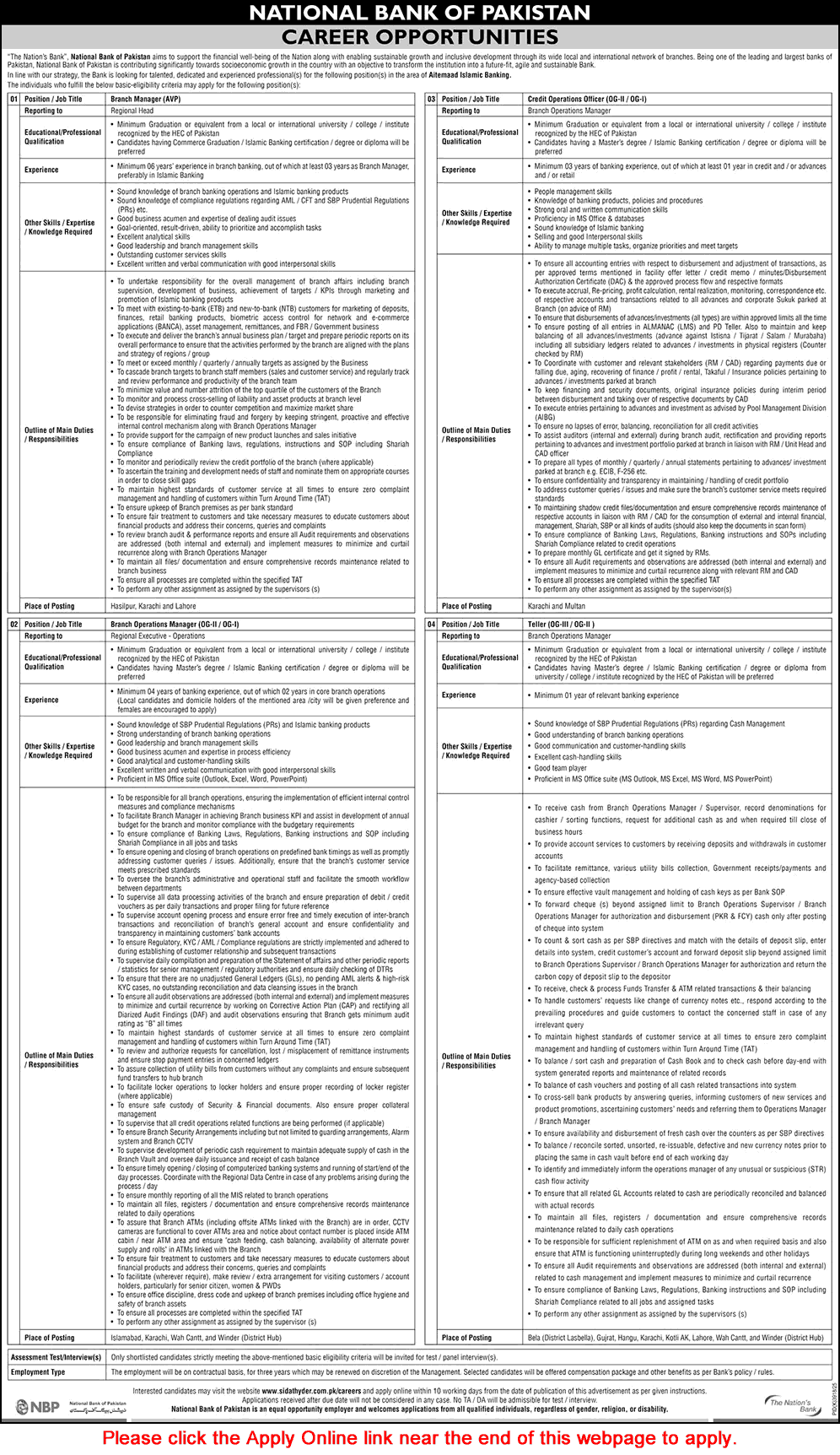 National Bank of Pakistan Jobs June 2026 Apply Online Tellers, Branch Operations Managers & Others Latest