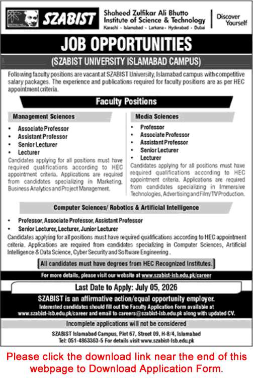 SZABIST University Islamabad Jobs June 2026 Application Form Teaching Faculty Latest