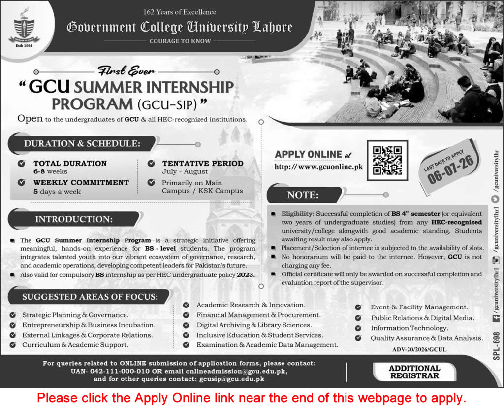 GC University Lahore Summer Internship Program 2026 June / July Apply Online for BS Level Students Latest
