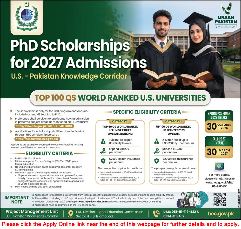 HEC Overseas PhD Scholarships 2026 June / July Apply Online US Pakistan Knowledge Corridor Latest