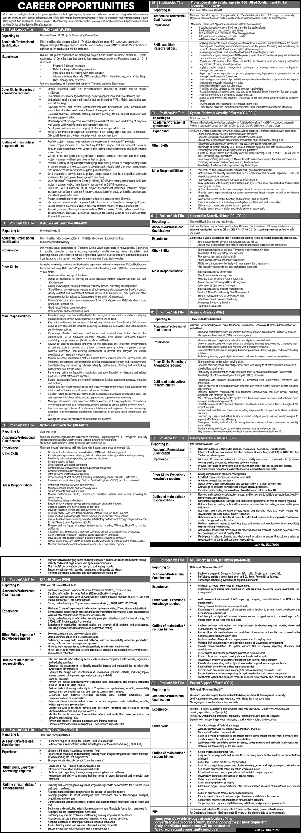 AJK Bank Jobs July 2026 Project Coordinators / Managers & Others in Bank of Azad Jammu & Kashmir (BAJK) Latest