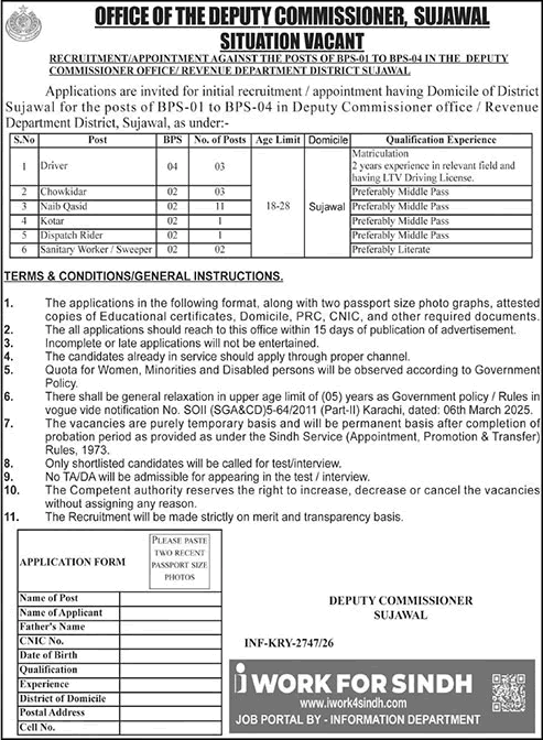 Deputy Commissioner Office Sujawal Jobs 2026 July Naib Qasid, Chowkidar, Drivers & Others Latest