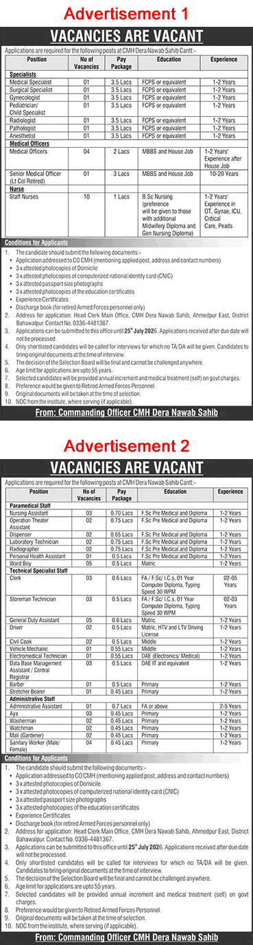 CMH Dera Nawab Sahib Jobs 2026 July Nurses, Medical Officers / Technicians & Others Latest